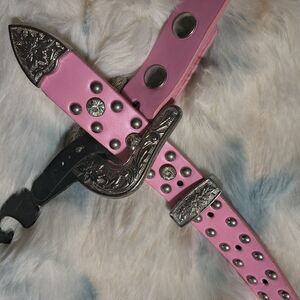 Source Unknown Pink Studded Western Belt with Silver Accents